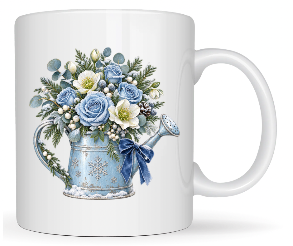 Blue Winter Floral Watering Can Sublimation Design