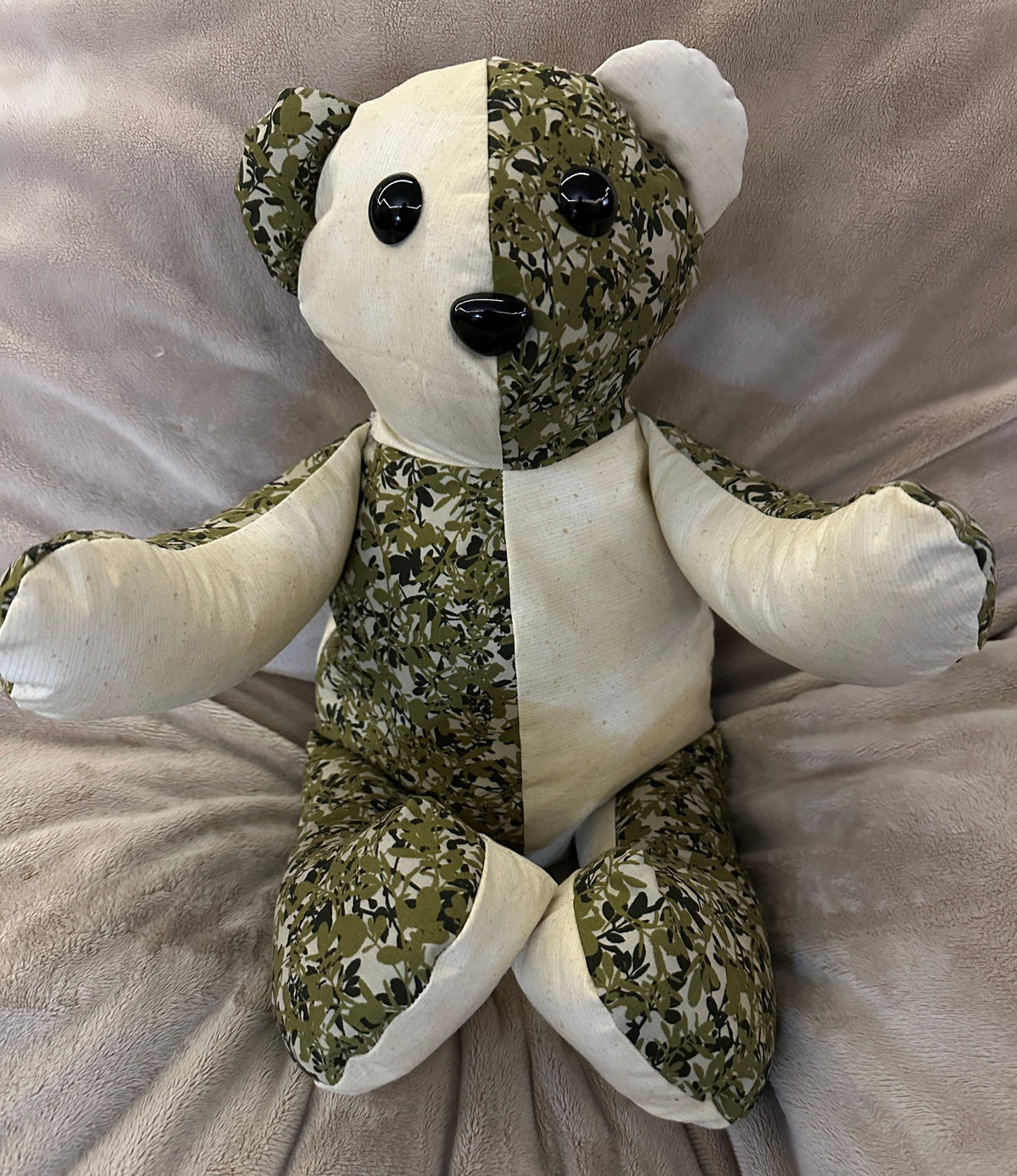 Olive Green & Cream Botanical Keepsake Bear – Handmade 12-Inch Seated Bear