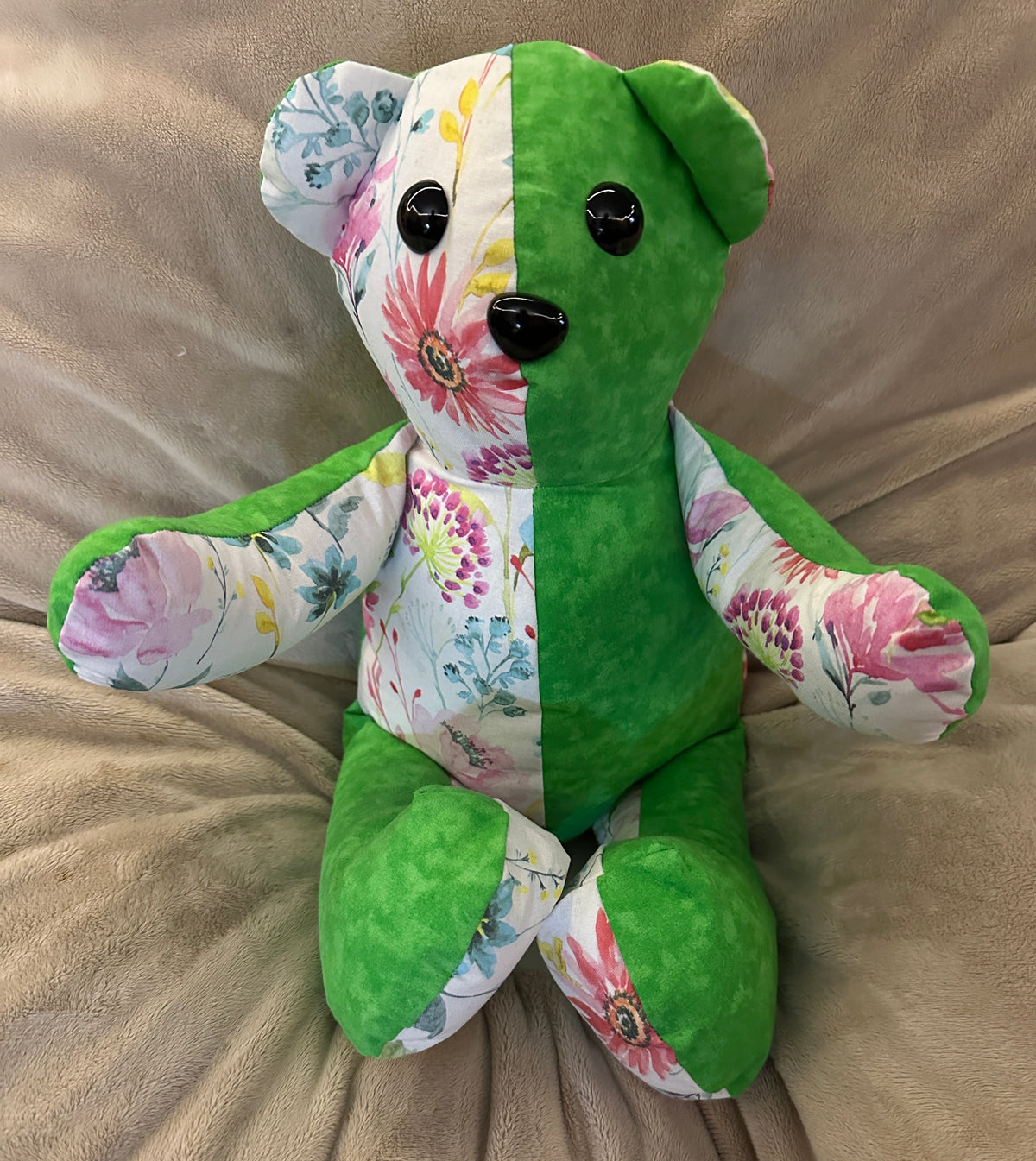 Bright Green & Garden Floral Keepsake Bear – Handmade 12-Inch Seated Bear