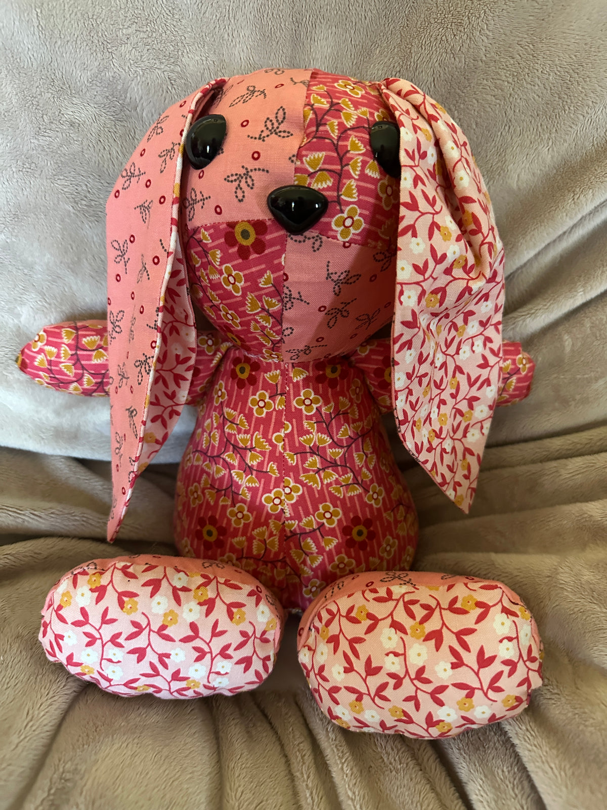 Handmade 10-Inch Seated Bunny | Pink & Coral Florals