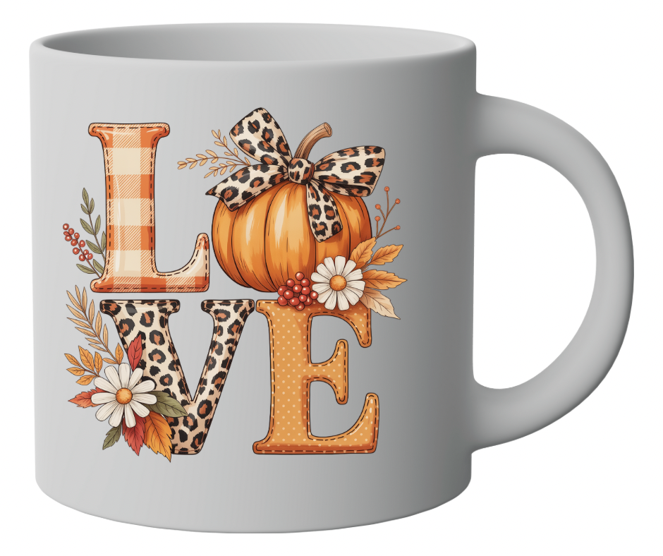 LOVE Fall Floral Pumpkin with Leopard Bow - PNG Digital Download