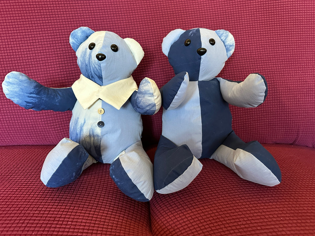 Two handmade blue-and-white Memory Bears made from a father's shirts