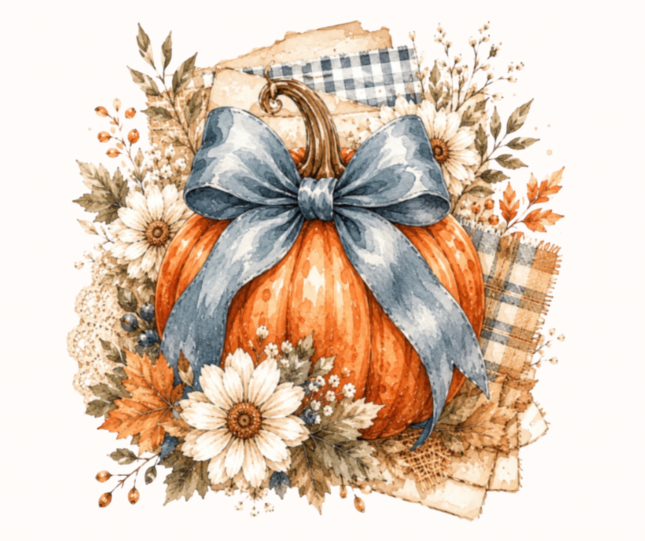 Beautiful Fall Daisy Floral Pumpkin with Blue Bow Digital Download