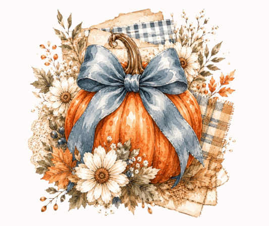 Beautiful Fall Daisy Floral Pumpkin with Blue Bow Digital Download