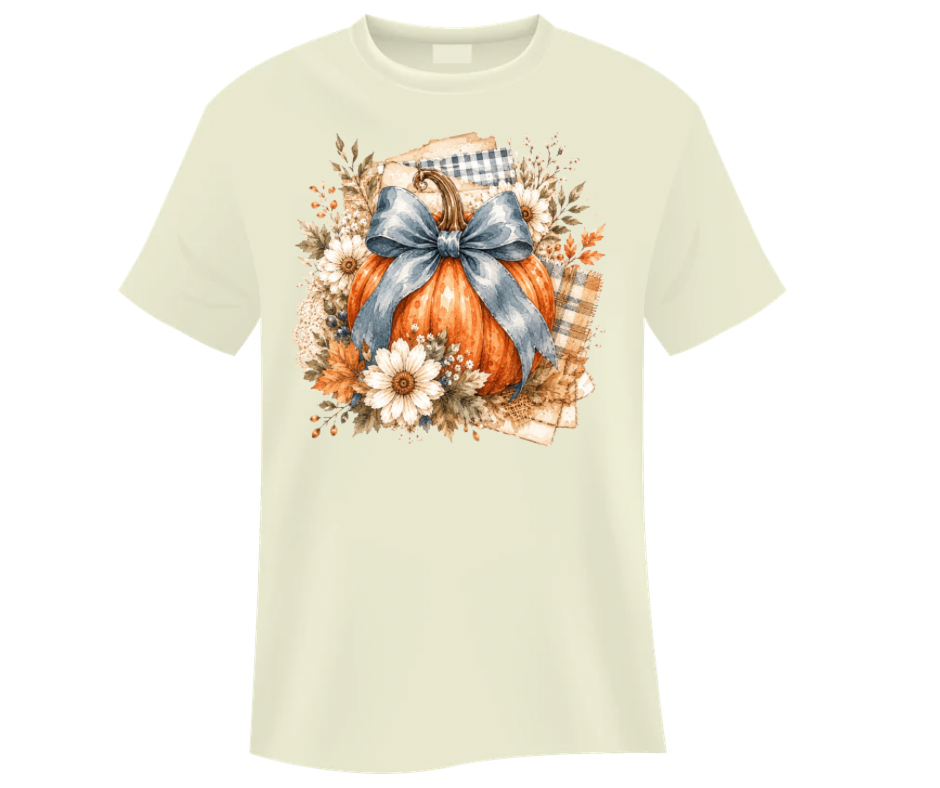 Beautiful Fall Daisy Floral Pumpkin with Blue Bow Digital Download