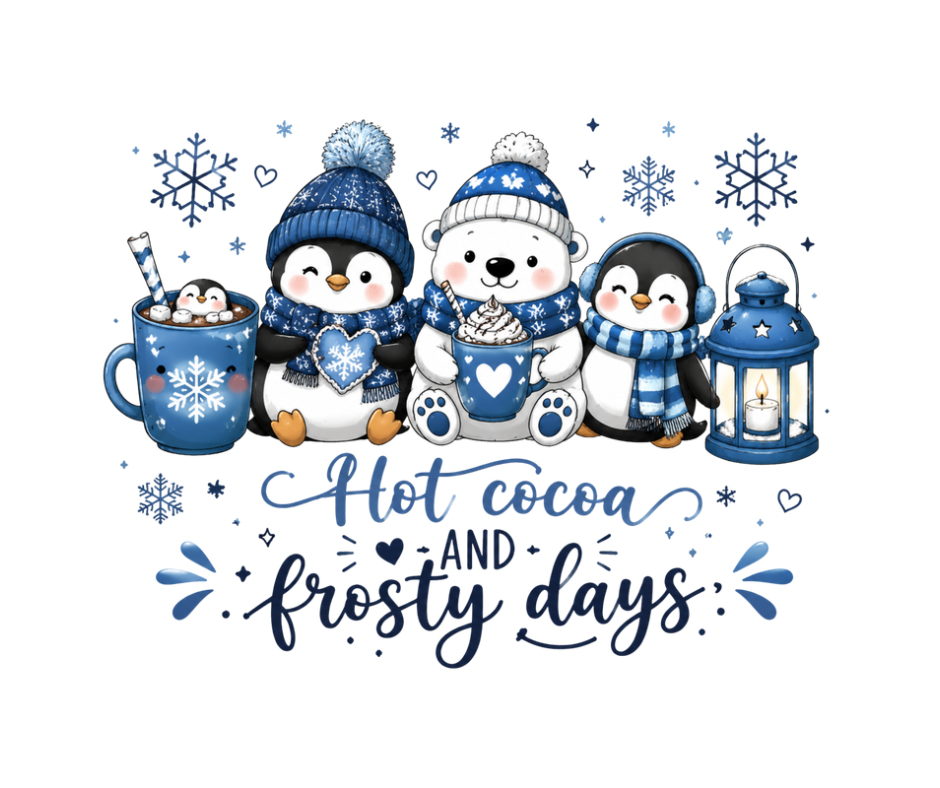 Hot Cocoa and Frosty Days Penguin Winter Sublimation Design