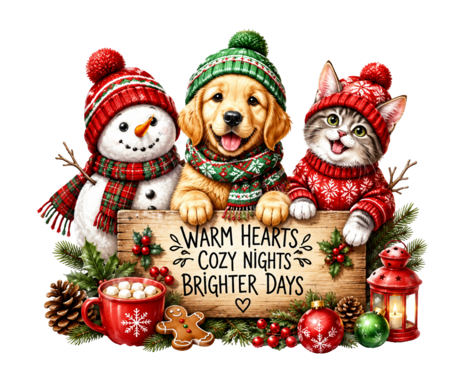 Warm Hearts Cozy Nights Christmas Animal Sublimation Design