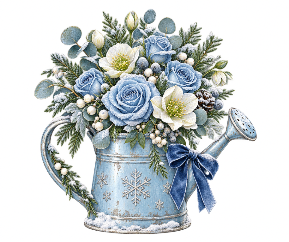 Blue Winter Floral Watering Can Sublimation Design