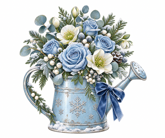 Blue Winter Floral Watering Can Sublimation Design