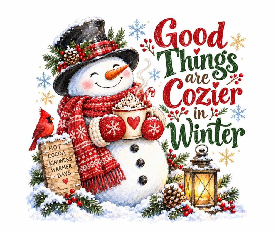Good Things Are Cozier in Winter Snowman Design