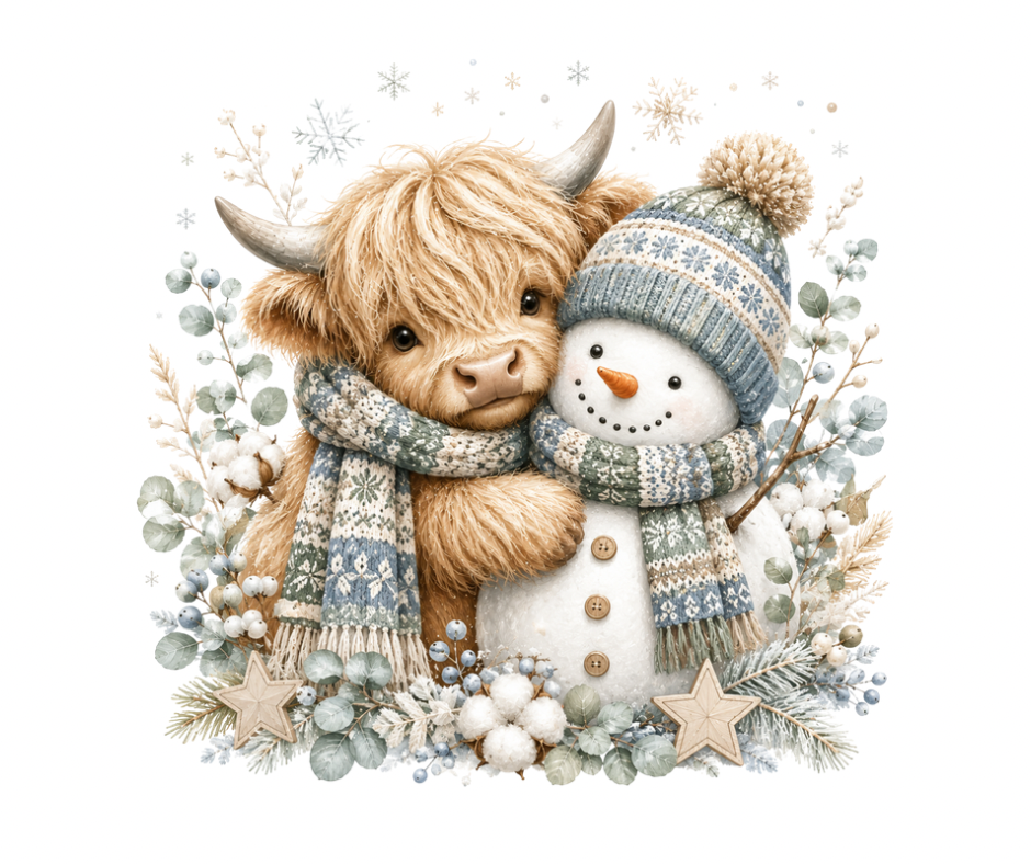 Highland Cow & Snowman PNG | Cozy Winter Digital Design