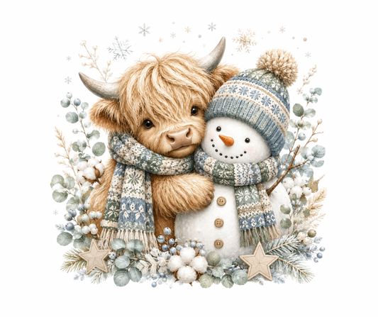 Highland Cow & Snowman PNG | Cozy Winter Digital Design