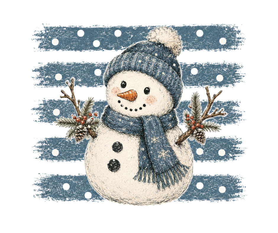 Vintage Snowman on Blue Stripes PNG – Digital Download