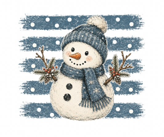 Vintage Snowman on Blue Stripes PNG – Digital Download