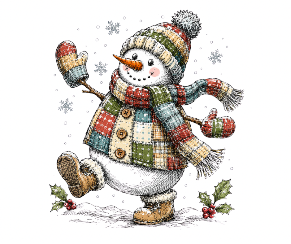 Walking Snowman in Patchwork Coat PNG | Winter Digital Design
