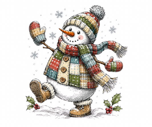 Walking Snowman in Patchwork Coat PNG | Winter Digital Design