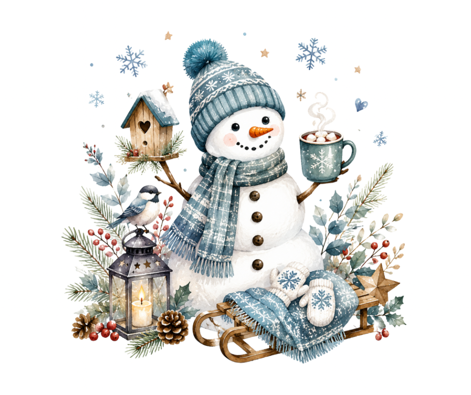 Cozy Snowman with Hot Cocoa PNG | Winter Digital Design