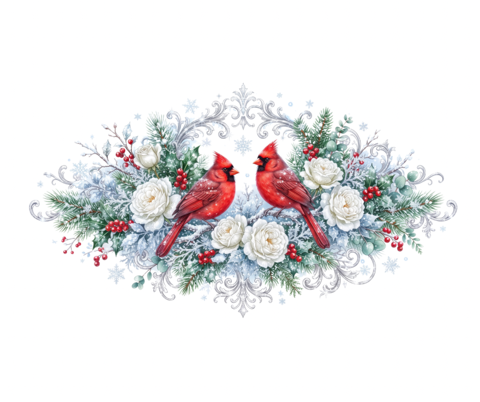Winter Cardinals & White Roses PNG | Digital Download
