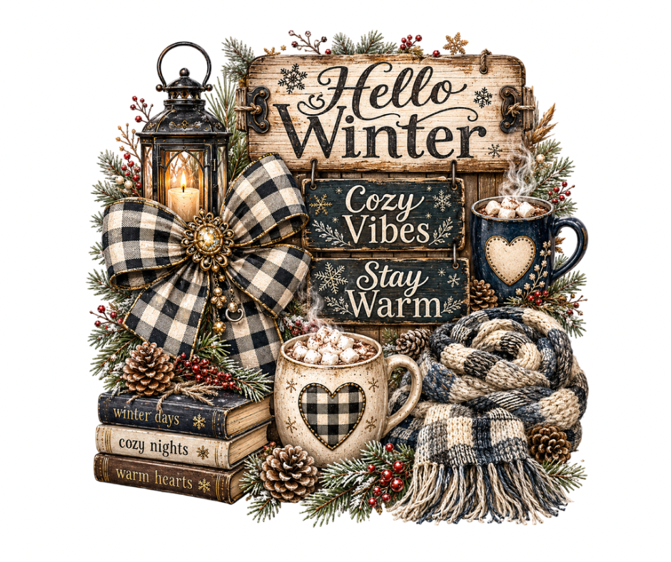 Hello Winter Cozy Vibes PNG | Hot Cocoa Digital Design