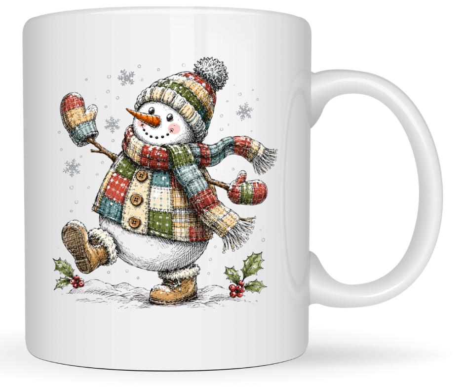Walking Snowman in Patchwork Coat PNG | Winter Digital Design