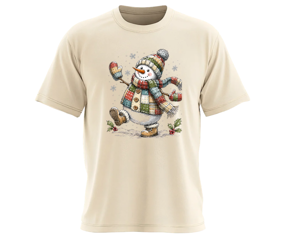 Walking Snowman in Patchwork Coat PNG | Winter Digital Design