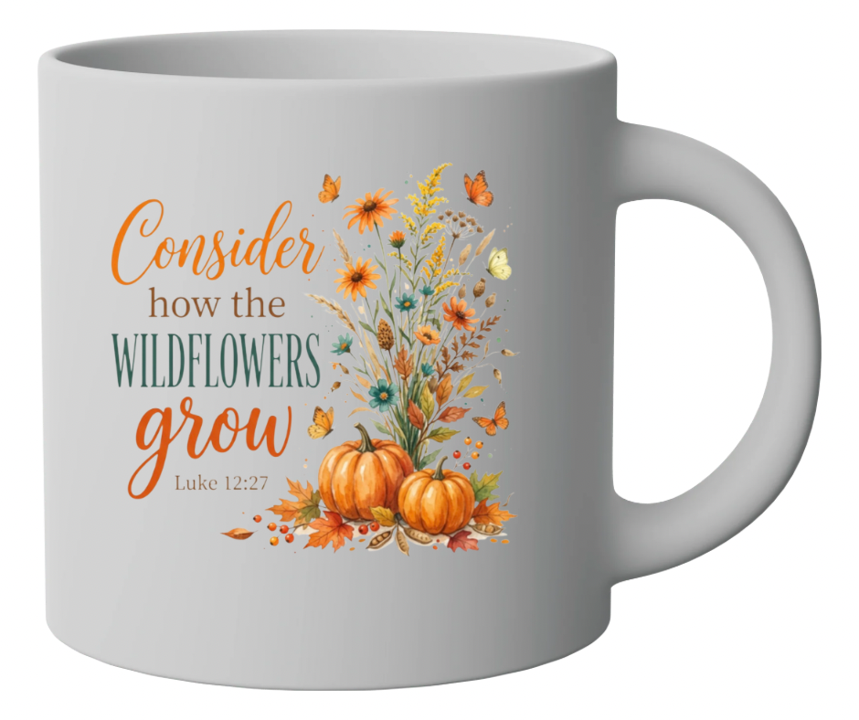 Mug mockup – Consider How the Wildflowers Grow, Luke 12:27 fall botanical design