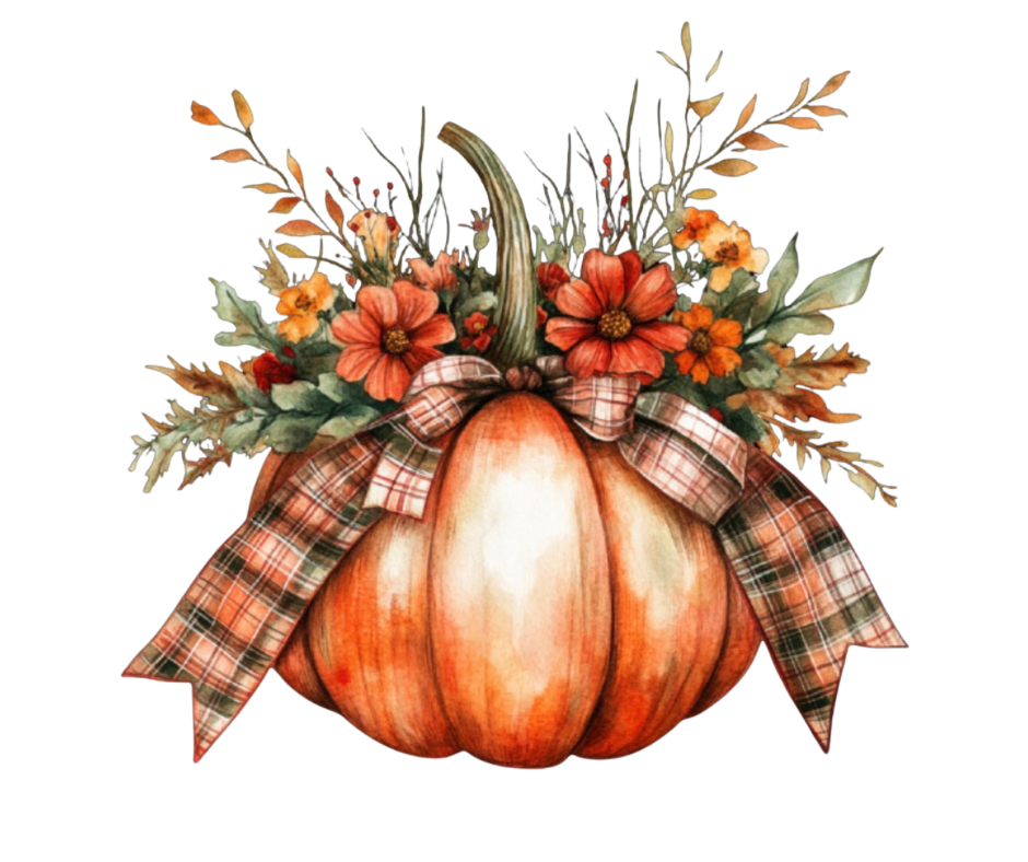 Watercolor Floral Pumpkin with Plaid Bow - Large PNG Digital Download
