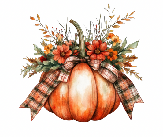 Watercolor Floral Pumpkin with Plaid Bow - Large PNG Digital Download