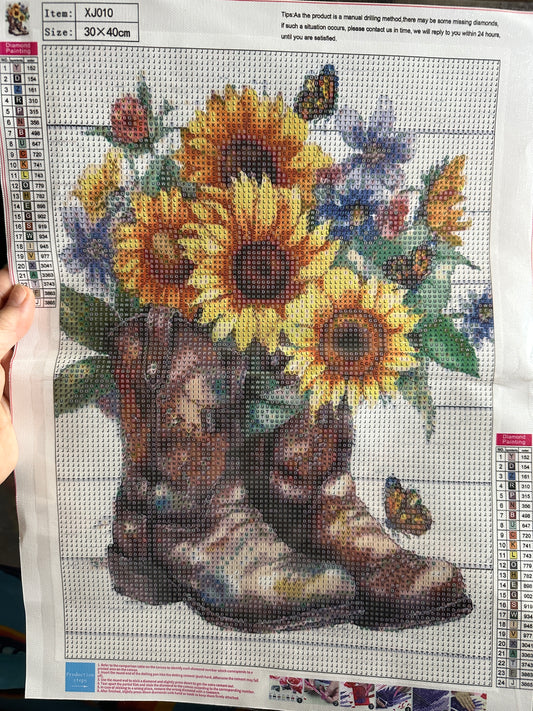 Sunflower Cowboy Boots Diamond Art Kit – 30x40cm Round Drill