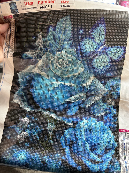 Blue Roses & Butterflies Round Diamond Art Kit – 30 × 40 cm