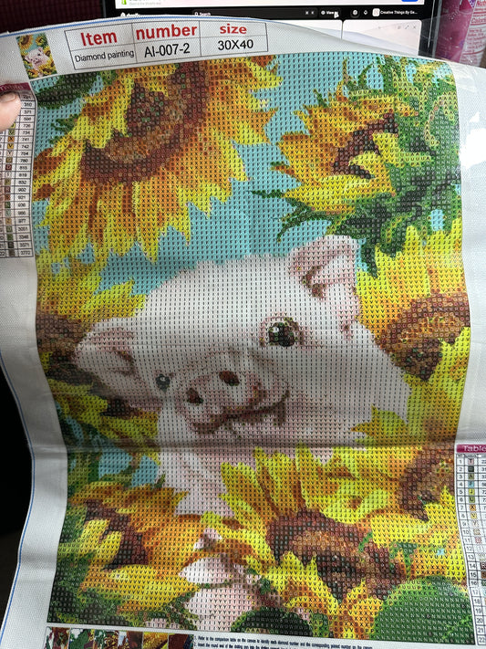 Pig & Sunflowers Round Diamond Art Kit – 30 × 40 cm