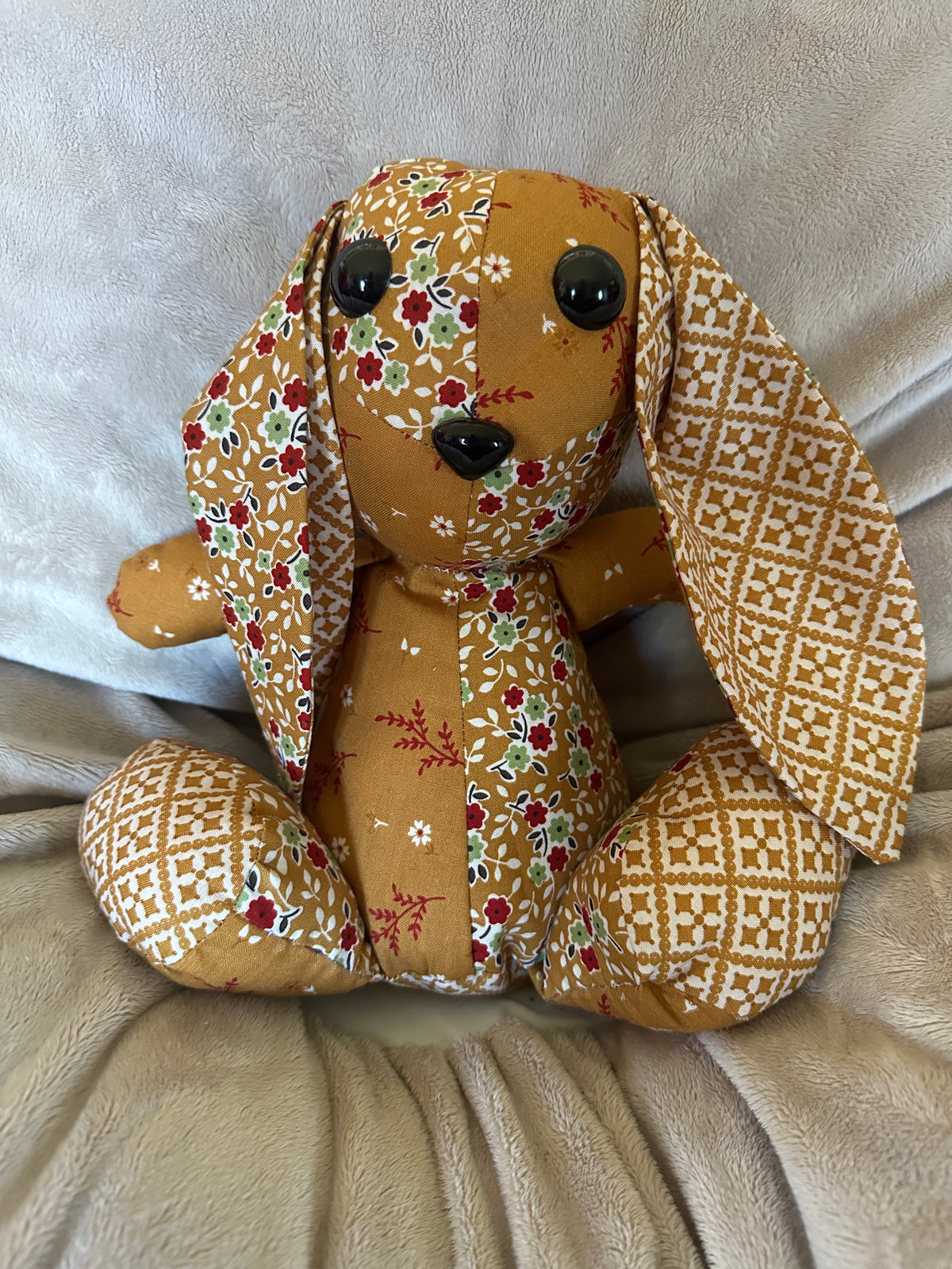Handmade 10-Inch Seated Bunny | Mustard Floral Patchwork