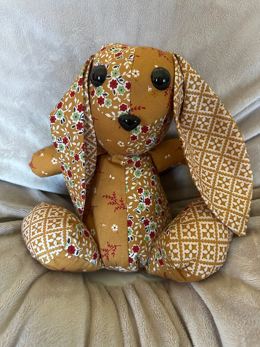 Handmade 10-Inch Seated Bunny | Mustard Floral Patchwork