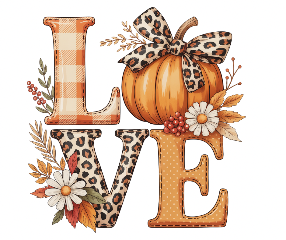LOVE Fall Floral Pumpkin with Leopard Bow - PNG Digital Download