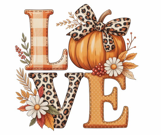 LOVE Fall Floral Pumpkin with Leopard Bow - PNG Digital Download