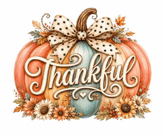 Thankful Floral Pumpkin with Polka Dot Bow - Fall PNG Digital Download